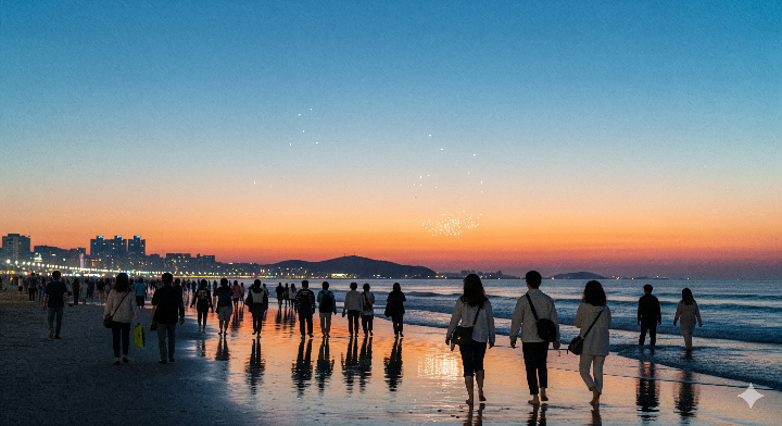 드론쇼가 끝난 후 사람들이 여유롭게 다대포 해변을 걷는 모습