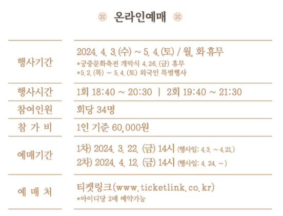 경복궁 별빛야행 예매 예약방법 안내와 관련하여 온라인 예매정보 캡처