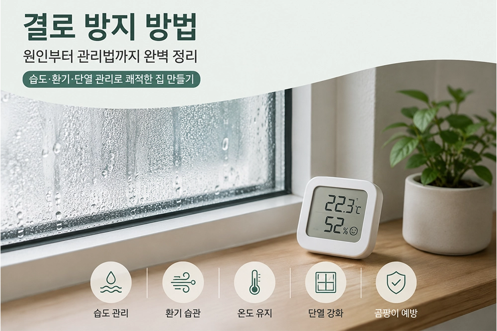 결로 방지 방법을 설명하는 대표 이미지. 창문에 맺힌 물방울과 실내 온습도계를 통해 결로 원인과 습도·환기·단열 관리법을 보여주는 썸네일