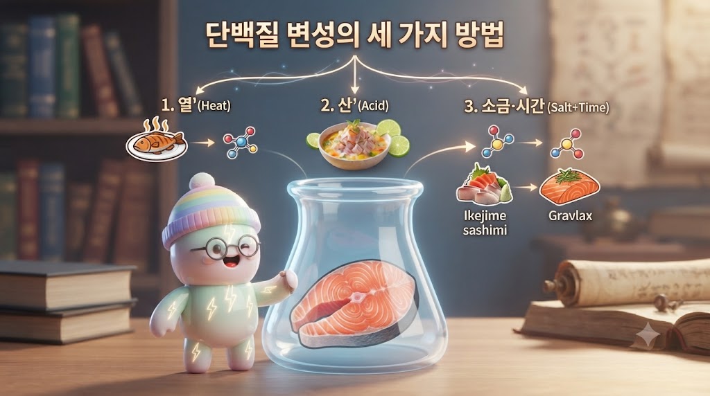 마법사가 된 3D 쫀쿠가 '단백질 변성 연구소'에서 실험을 하고 있습니다. 커다란 삼각 플라스크 속 날생선이 세 가지 마법의 힘(열, 산, 소금과 시간)을 만나 각각 다른 형태로 변하는 과정이 분자 구조식과 함께 입체적으로 시각화되었습니다. '산'을 만난 세비체, '소금과 시간'을 만난 숙성회가 특히 아름답게 빛납니다.