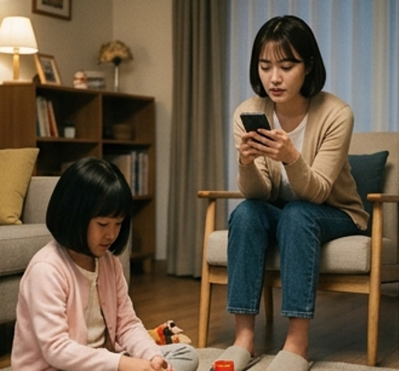 휴대폰을 보며 건성으로 대답하는 부모 모습