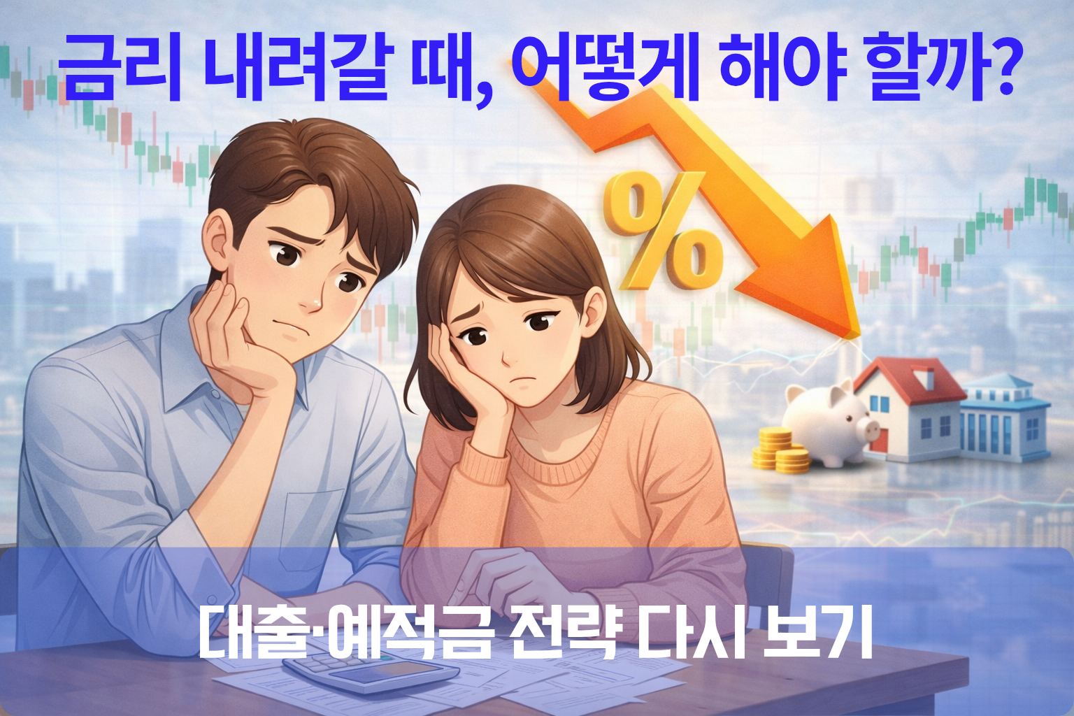금리 인하 시기에 예금과 대출 전략을 고민하는 소비자 모습을 표현한 금융 일러스트