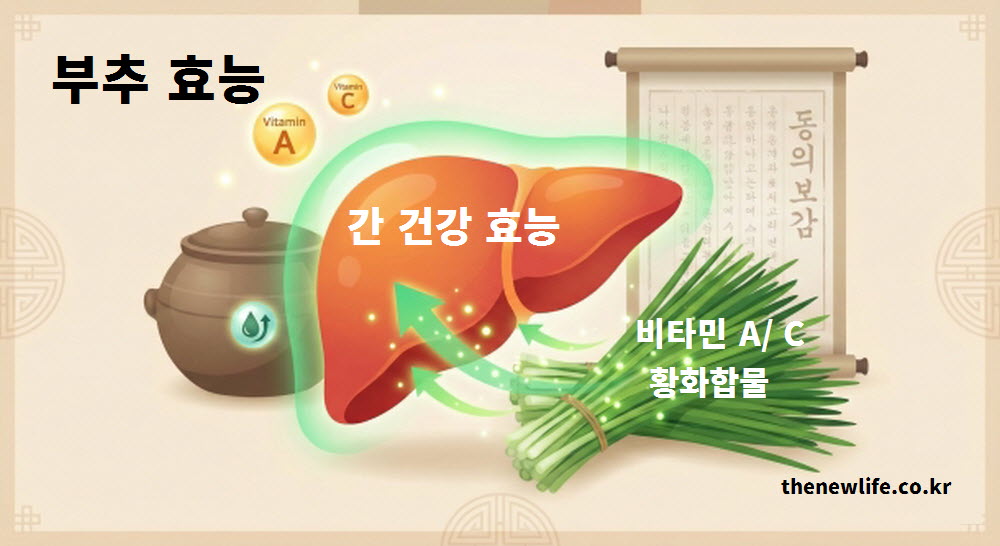 부추 효능 중 간 건강 회복과 해독 작용 원리를 설명하는 동의보감 관련 일러스트 이미지