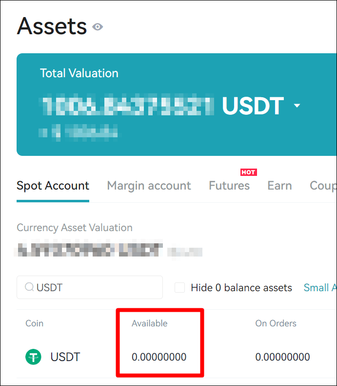 현물계정 이용가능 USDT 자산 확인