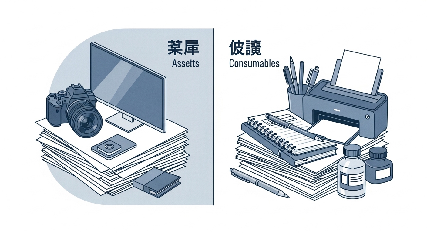 감가상각 대상 자산과 소모품을 구분하여 보여주는 회계 서류 더미