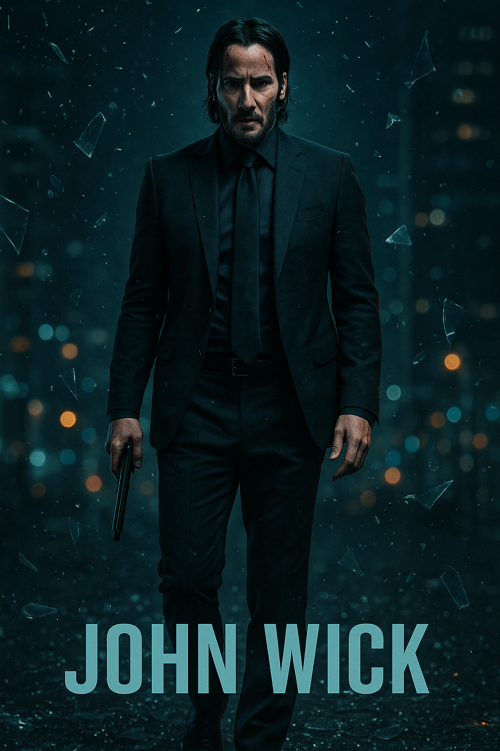 도시 야경 속 검은 슈트를 입은 존 윅이 총을 들고 서 있는 모습