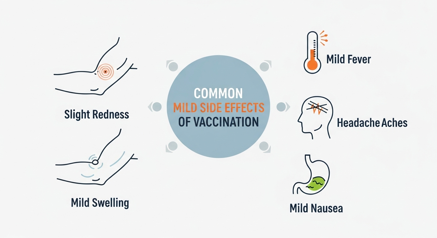 주사 부위 통증, 미열, 두통 등 대상포진 예방접종 후 나타날 수 있는 경미한 부작용을 나타내는 인포그래픽