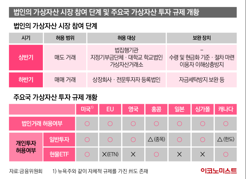 법인 가상자산 시장 참여단계 및 주요국 가상자산 투자 규제 개황