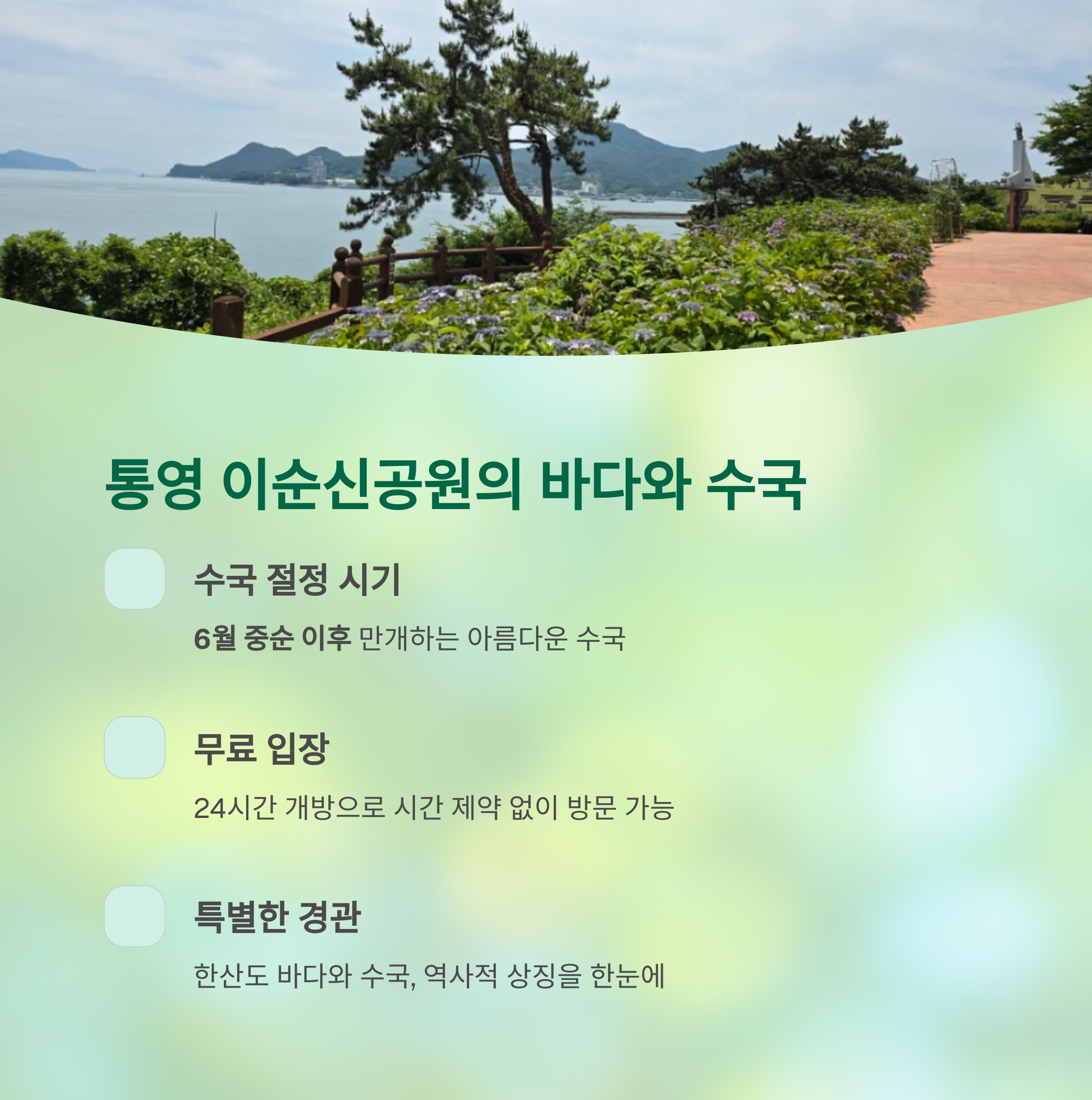 통영 이순신공원의 바다와 수국