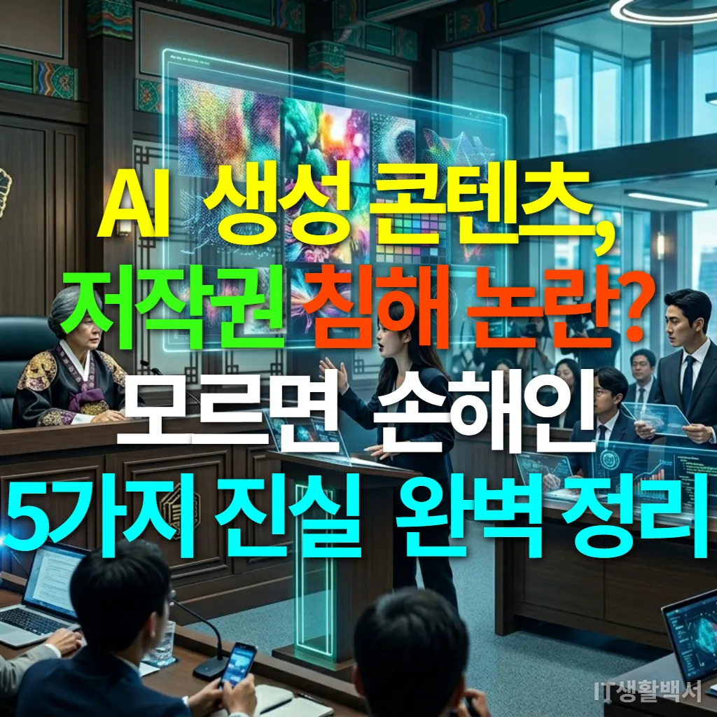AI 생성 콘텐츠 저작권 침해 논란을 다루는 한국 법정의 모습. 판사와 변호인단, 디지털 아티스트가 진지한 표정으로 재판에 임하고 있다.