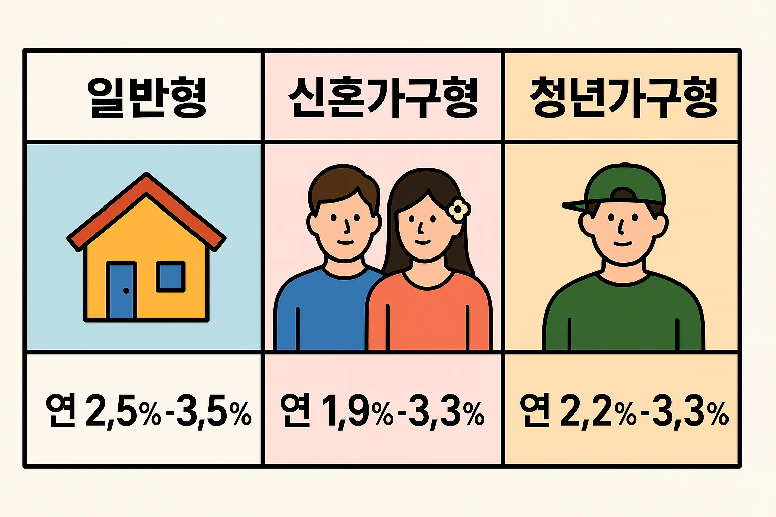 버팀목 전세자금대출 상품의 일반형, 신혼가구형, 청년가구형에 따른 연이율 금리 차이를 보여주는 인포그래픽 이미지로 금리 조건 비교에 유용합니다.