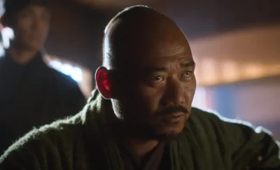 어느 실내를 배경으로 청나라 머리 스타일에 콧수염이 났으며, 허름한 옷을 입고 있는 드라마 연인의 닝구친 캐릭터