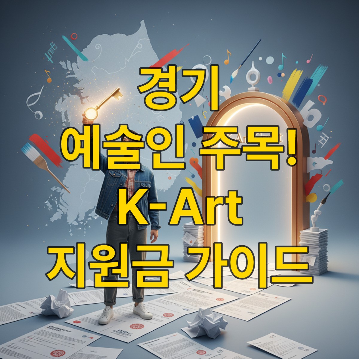복잡한 서류들을 헤치고 경기문화재단 K-Art 지원금 합격의 문을 여는 예술인의 모습, 희망적이고 전문적인 분위기