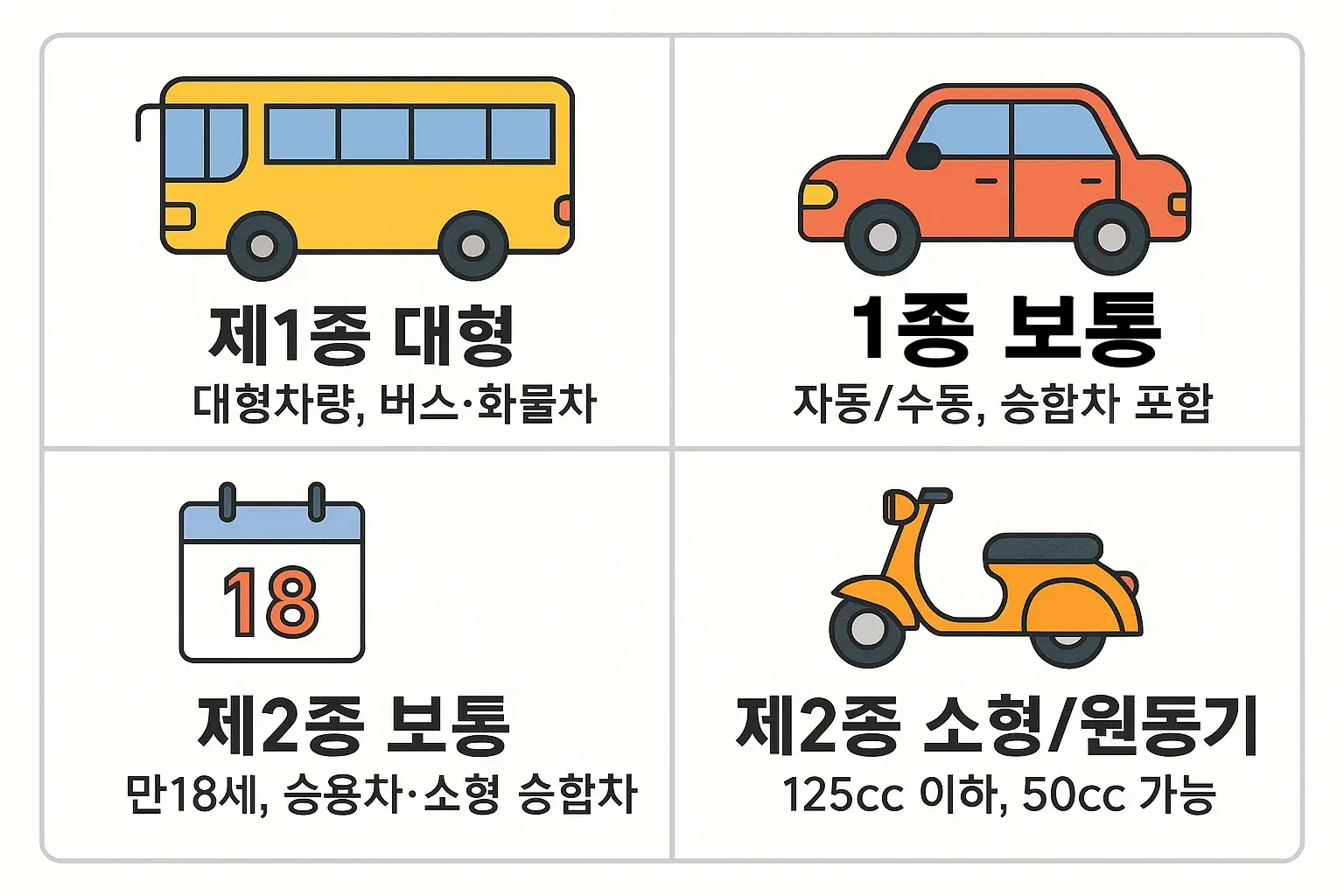 제1종 대형, 제1종 보통, 제2종 보통, 제2종 소형 원동기 등 운전면허 종류별 특징을 아이콘과 함께 비교 정리한 인포그래픽으로 연령, 차량 종류, 조건을 쉽게 이해할 수 있도록 구성