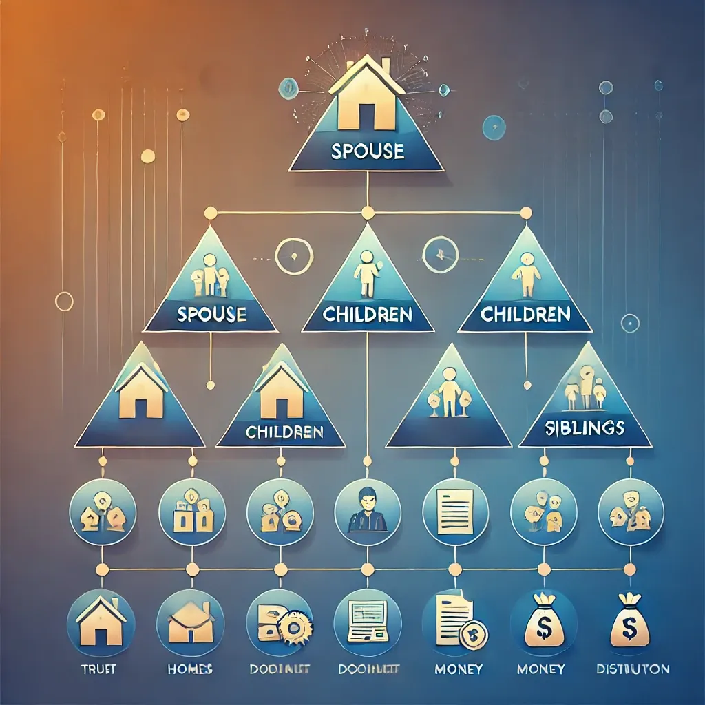 피라미드 형식으로 상속 순위를 정리한 이미지&amp;#44; 가족과 자산 아이콘 포함