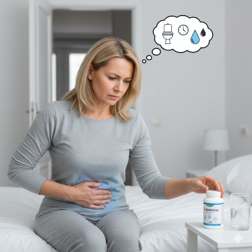 아랫배 통증을 느끼며 침대에 앉아 있는 중년 여성이 영양제 병을 집는 모습, 머릿속에 화장실과 시계 아이콘이 떠오르는 이미지로 방광염 증상과 관리를 표현함.