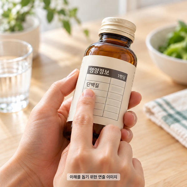 음료병 뒷면 영양정보의 단백질 항목을 살펴보는 손
