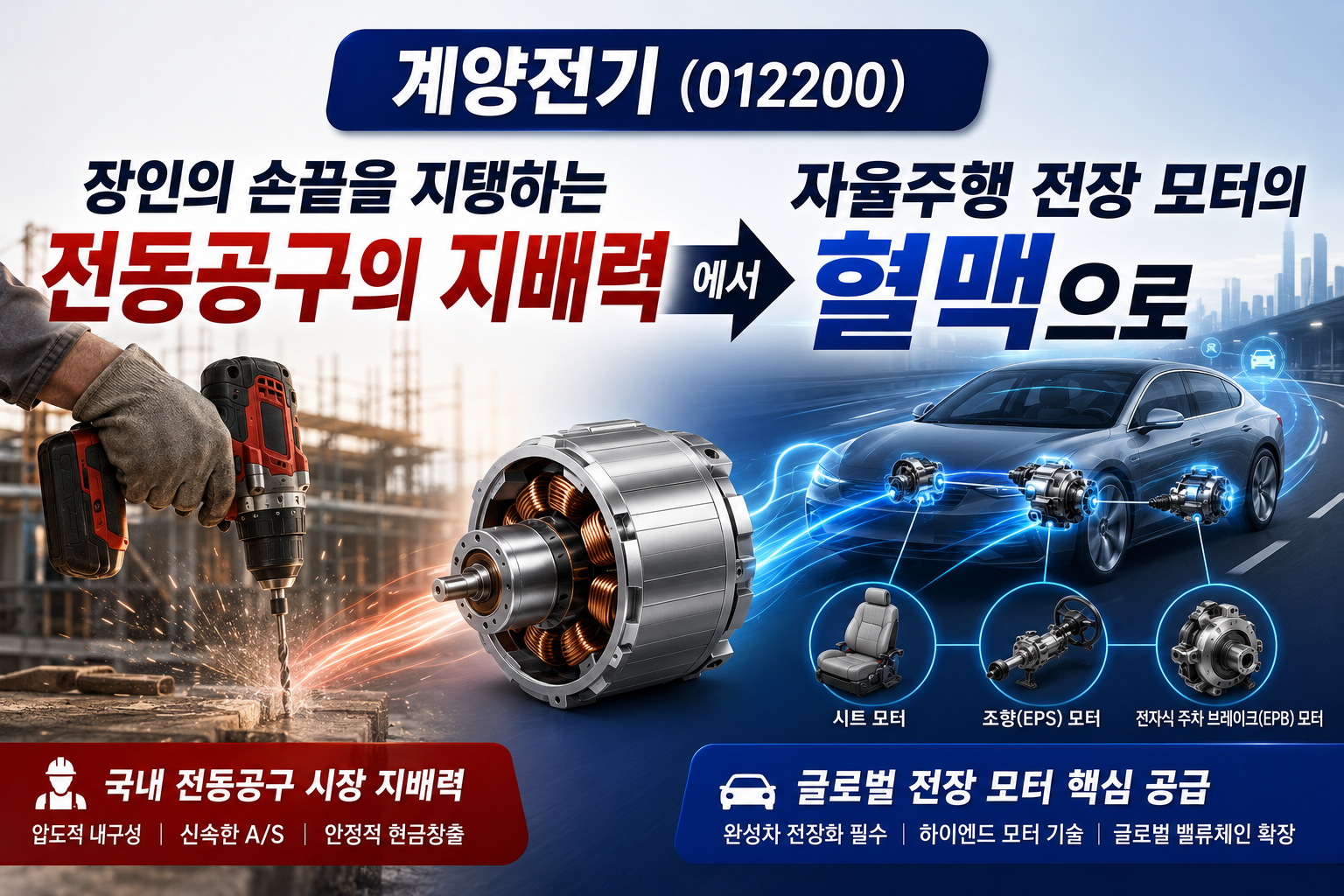 계양전기(012200)｜장인의 손끝을 지탱하는 전동공구의 지배력에서 자율주행 전장 모터의 혈맥으로
