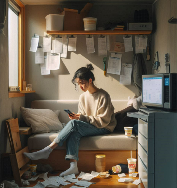 자취방에서 생활비 걱정하는 1인 가구 청년