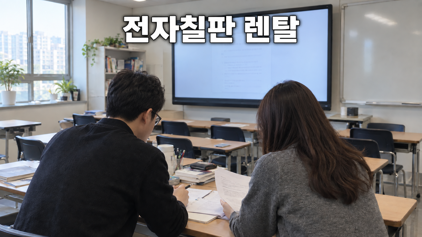 교육장에서 수업 자료를 함께 살펴보는 강사들의 모습을 표현한 AI 생성 이미지