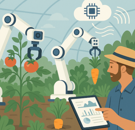 농업 로봇 팔 기술을 표현한 인포그래픽. 로봇 팔이 농장에서 과일과 채소를 수확하고, 클라우드 AI 시스템과 연결되어 데이터를 기록하며, 농민이 스마트 기기에서 이를 확인하는 과정을 시각화한 이미지.
