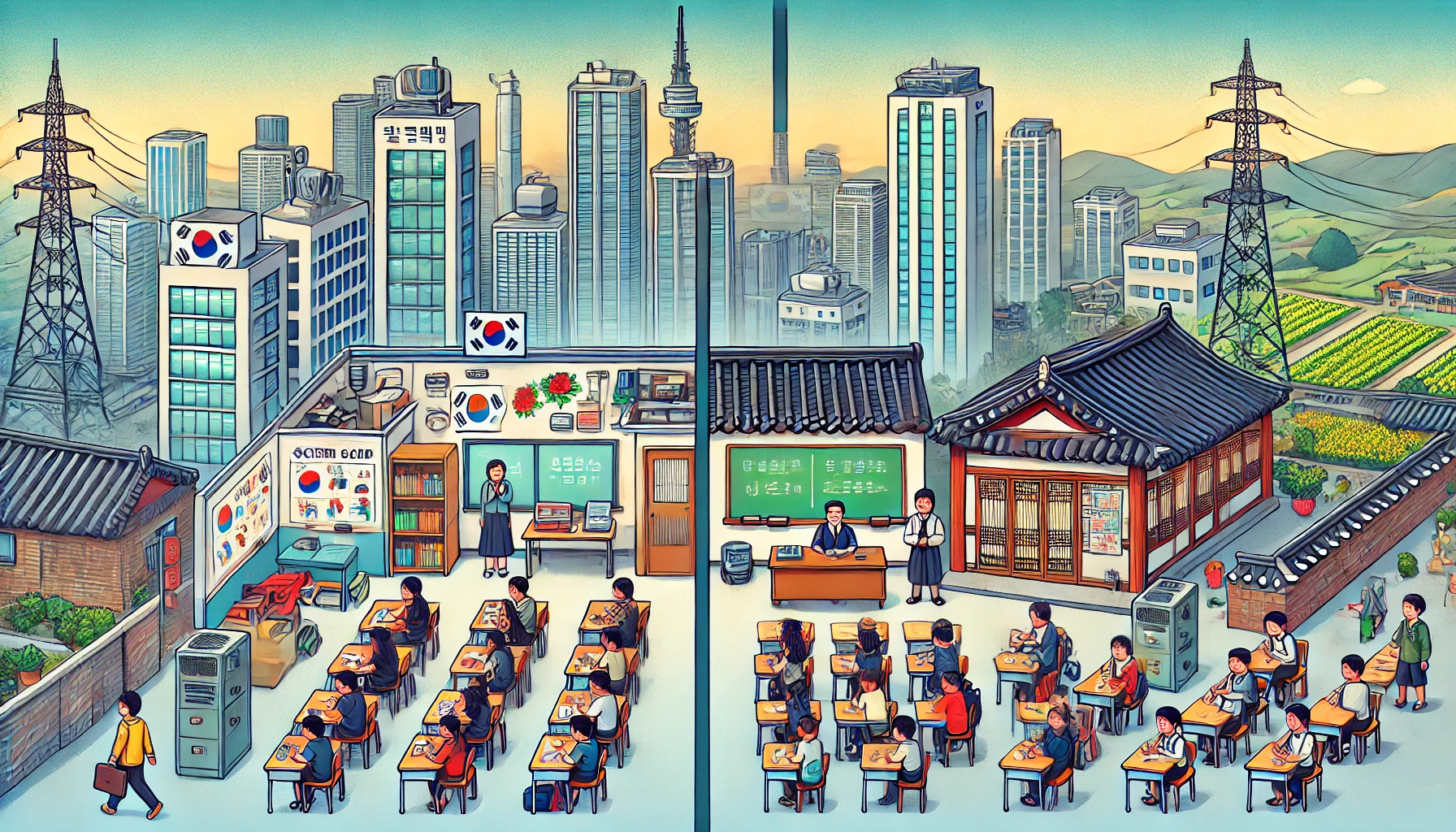 도시 학교와 농촌 학교 간 교육 인프라의 차이를 시각적으로 비교