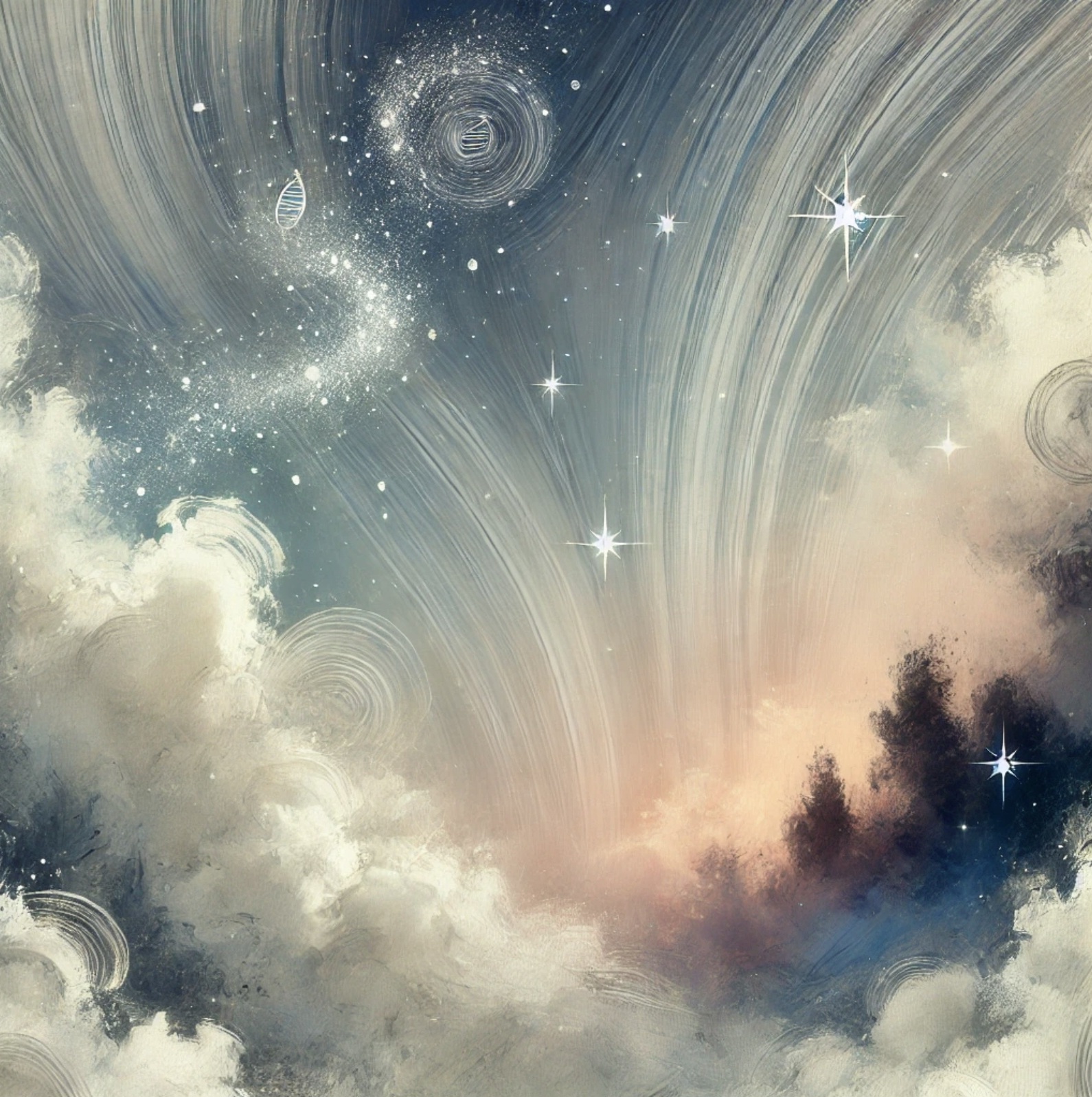 렘수면과 꿈의 발생 메커니즘을 상징적으로 표현한 별과 구름 사이의 DNA 이중 나선 그림