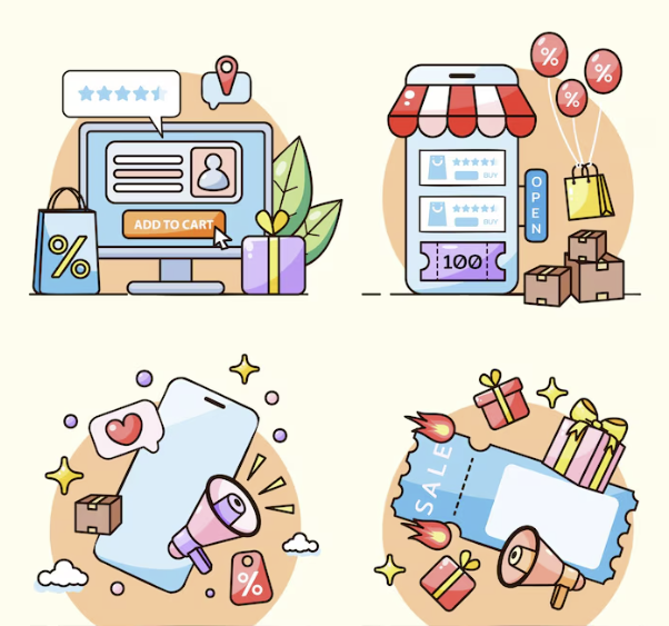 2025년 온라인 쇼핑 트렌드 일러스트 - 장바구니, 모바일 쇼핑, 쿠폰 마케팅