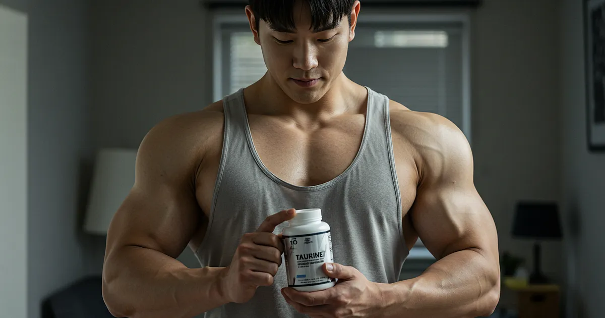 보디빌더가 실내에서 타우린 보충제 라벨을 확인하는 사진