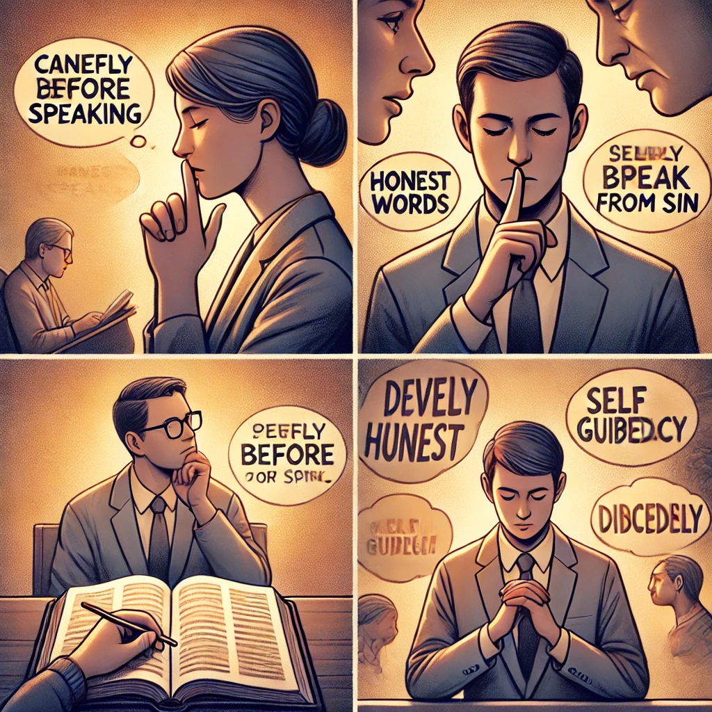 욥기 2:10 말씀을 따라 말하는 것으로 죄를 짓지 않도록 신중하게 생각하며 말하는 모습이 담긴 이미지가 있습니다. 이러한 장면들은 말의 중요성과 하나님의 뜻에 따라 바른 언어를 사용하려는 결단을 강조하며, 하루 동안 자신이 하는 말을 주의 깊게 점검하는 모습을 잘 담고 있습니다. 🙏📖💬