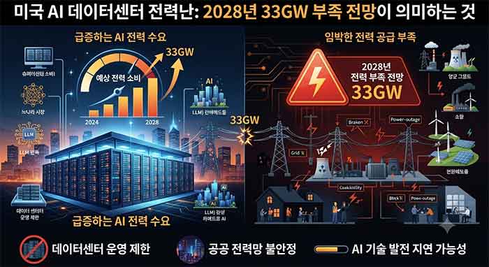 미국 AI 데이터센터 2028년 33GW 전력 부족 전망 인포그래픽.