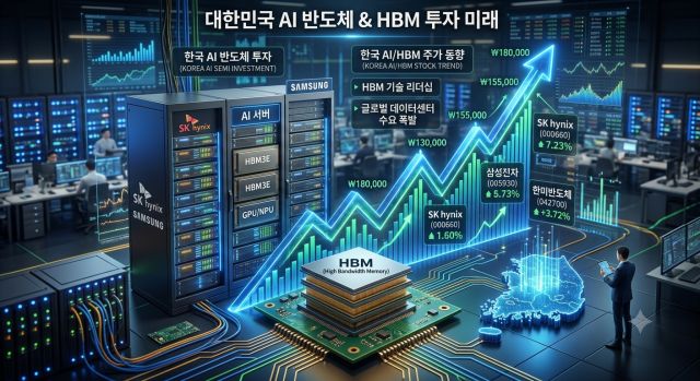 AI 메모리 관련주와 HBM 수혜주 투자 포인트를 설명하는 반도체 산업 이미지