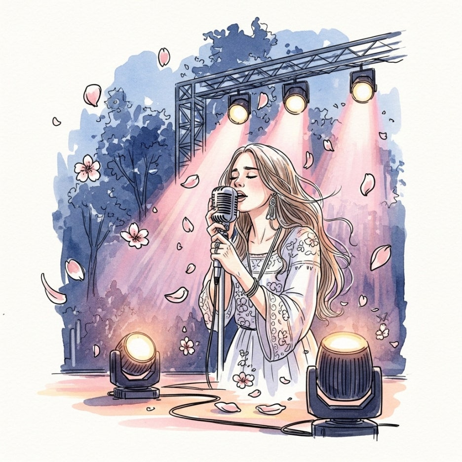 화사한 조명 아래서 열정적으로 노래하는 가수와 무대