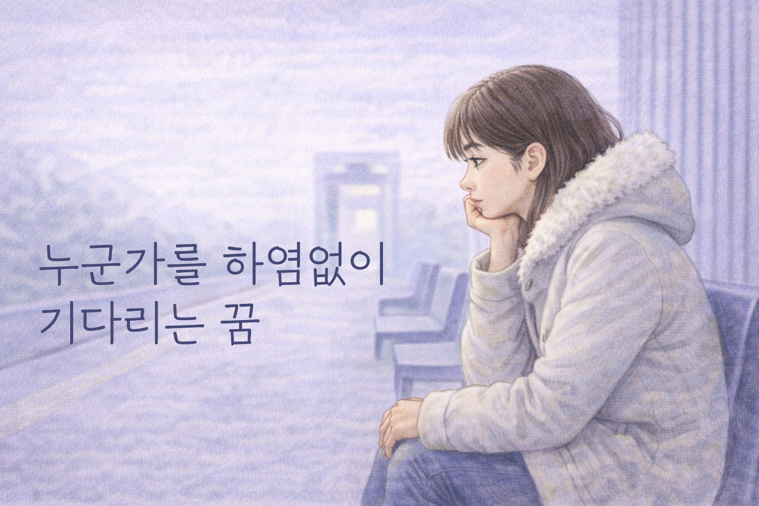 여성이 앉아 앞으로 숙인 채 턱을 괴고 누군가를 기다리는 꿈 장면