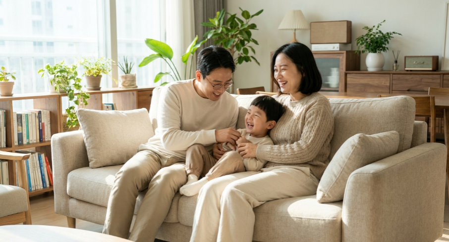 단란한 가족이 거실에서 웃으며 대화