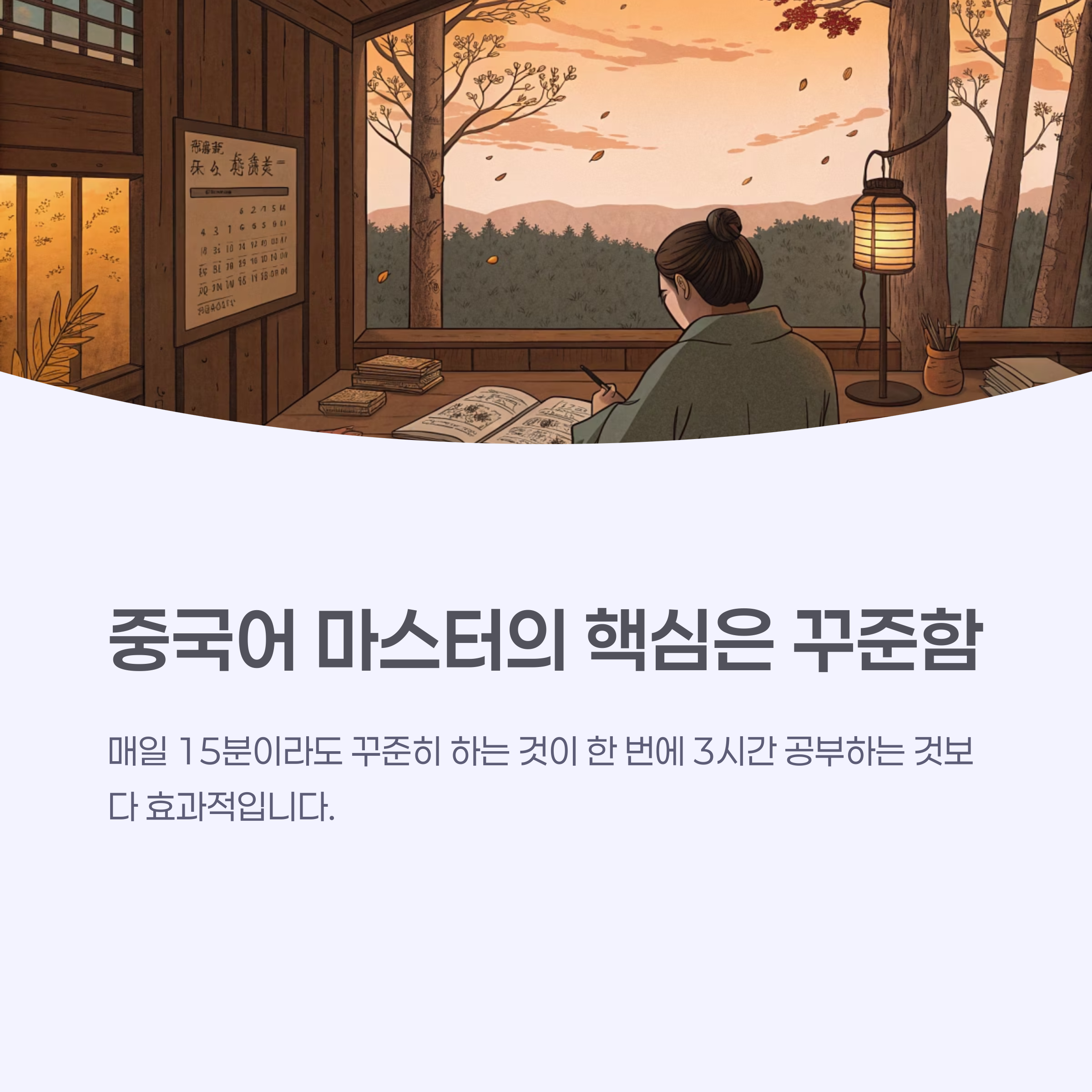매일 중국어 학습 플래너를 작성하는 손 이미지
