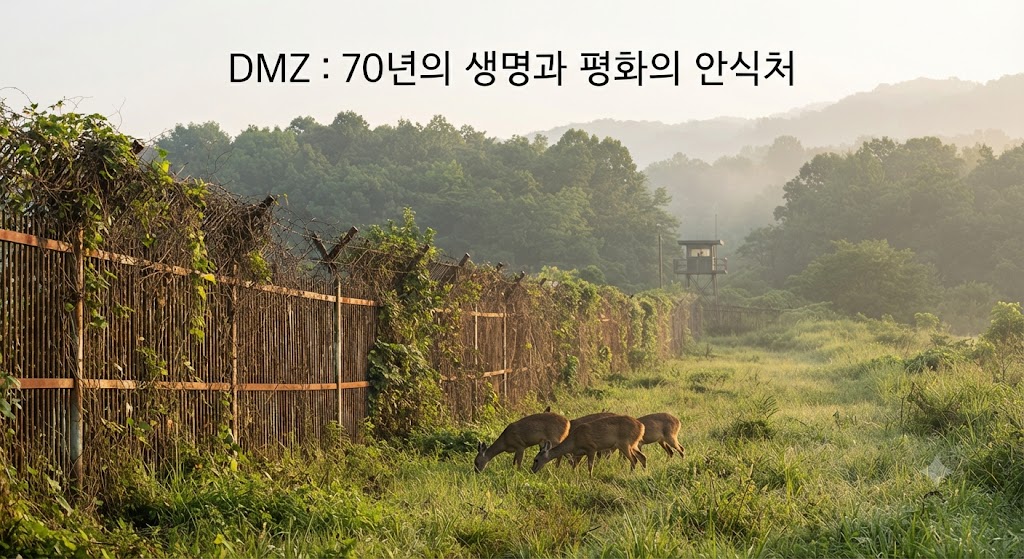 70년 넘게 사람의 발길이 닿지 않아 원시림이 된 비무장지대(DMZ)의 평화로운 생태계를 실사풍으로 담았습니다. 녹음이 우거진 숲속에 녹슨 철조망이 끊겨 있고, 그 사이로 고라니와 희귀 새들이 자유롭게 노니는 모습입니다. 'DMZ: 평화의 생태계'라는 텍스트와 함께 자연의 회복력을 상징적으로 표현했습니다.