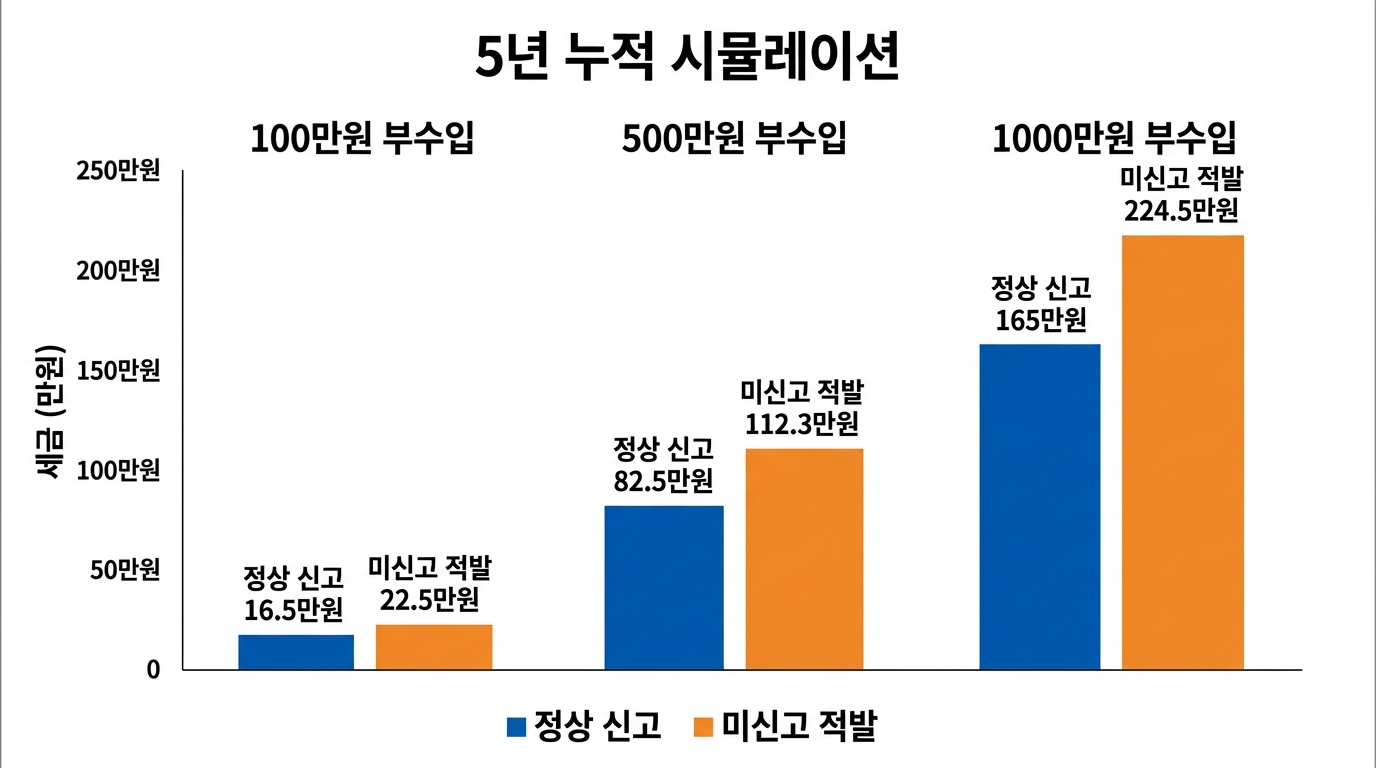 직장인 부수입 100만 500만 1000만원 5년 미신고 vs 정상 신고 세금 비교 인포그래픽