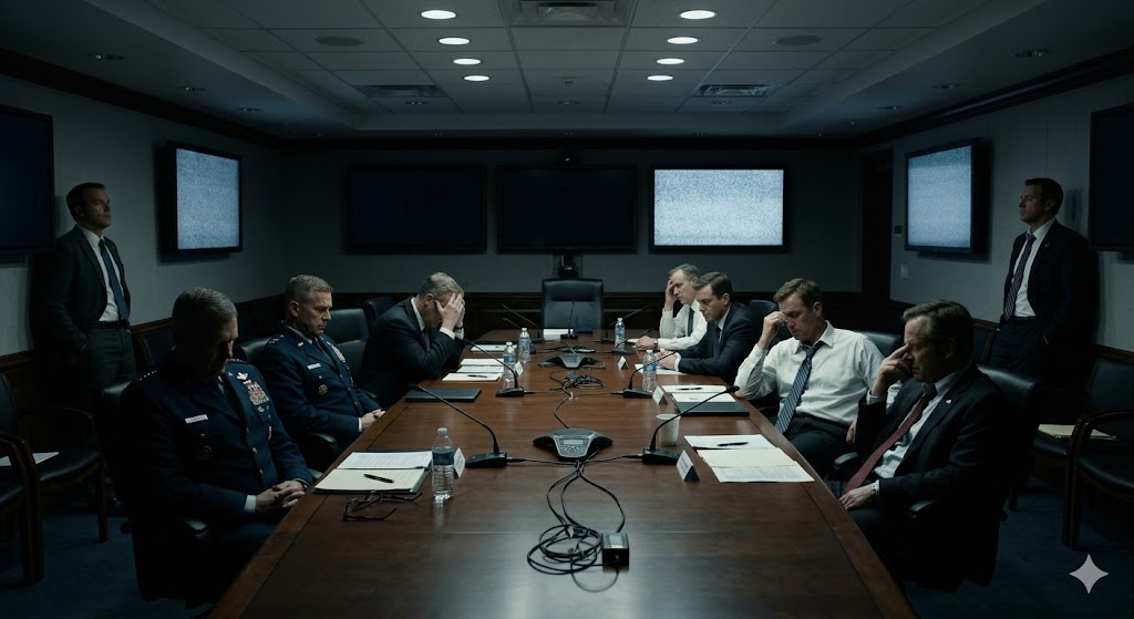 하우스 오브 다이너마이트 넷플릭스 정치 스릴러 결말부 텅 빈 상황실에 남겨진 주인공들의 허탈한 표정