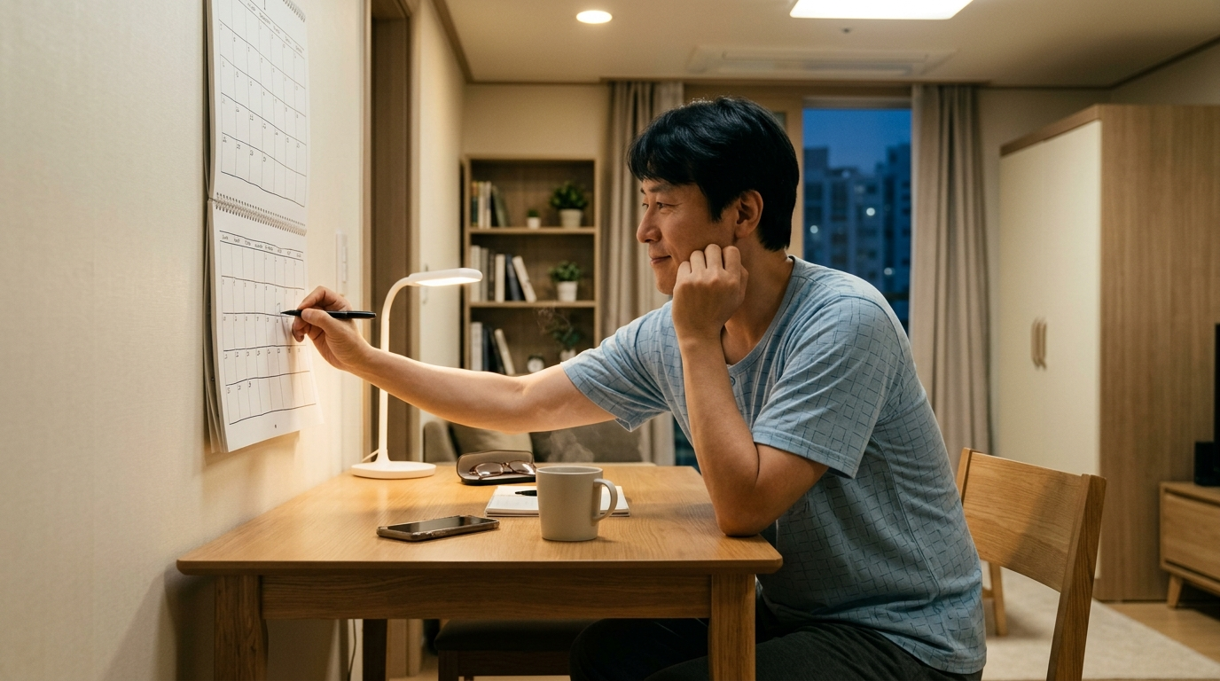 저녁 식탁에서 예금 만기 일정을 달력에 적는 손