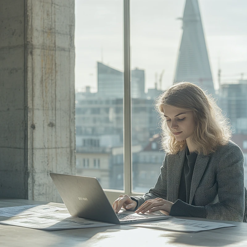 유럽 도시 배경과 노트북을 사용하는 젊은 투자자가 2025년 ECB 금리 인하에 따른 글로벌 ETF 투자전략을 분석 중이며, 금리 인하, 유럽증시, 글로벌ETF, 투자분석, 경제전망 키워드와 함께 재테크 입문자를 위한 긍정적이고 미래지향적인 시각을 드러냄