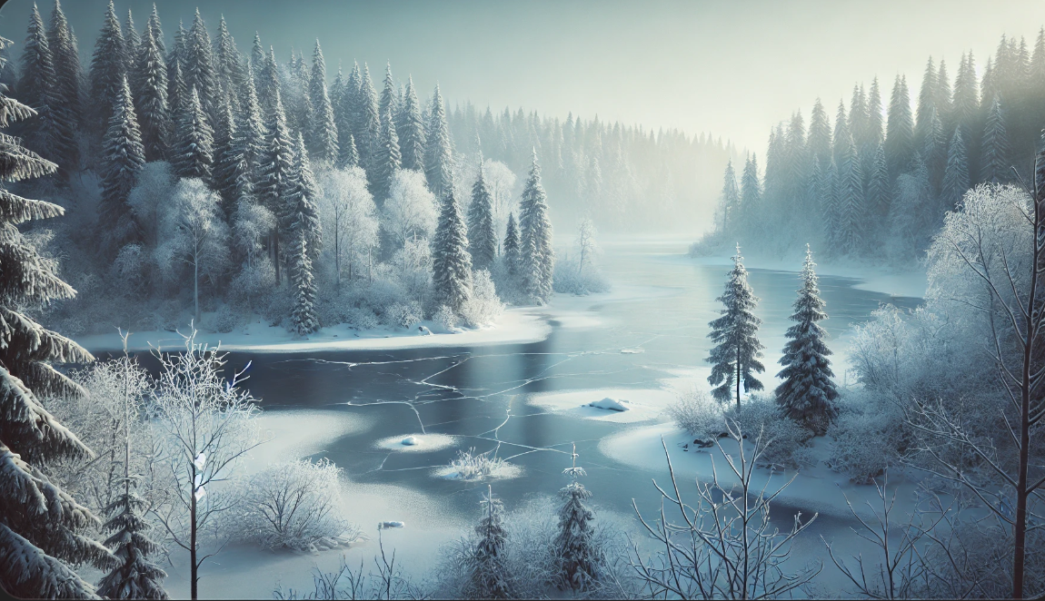 냉대기후의 조용하고 혹독한 환경을 보여주는 눈 덮인 나무와 얼어붙은 호수