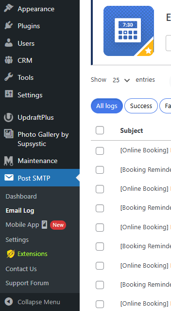 Post SMTP 플러그인의 이메일 로그 기능