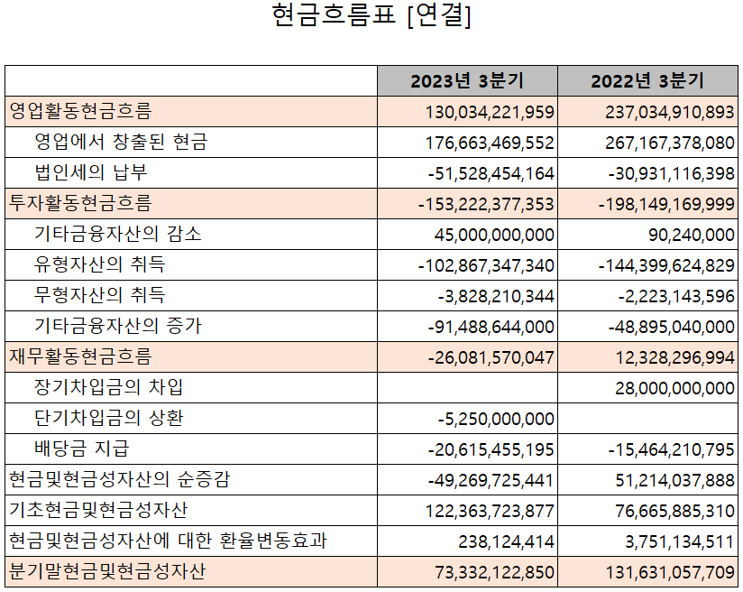 대덕전자 - 현금흐름표