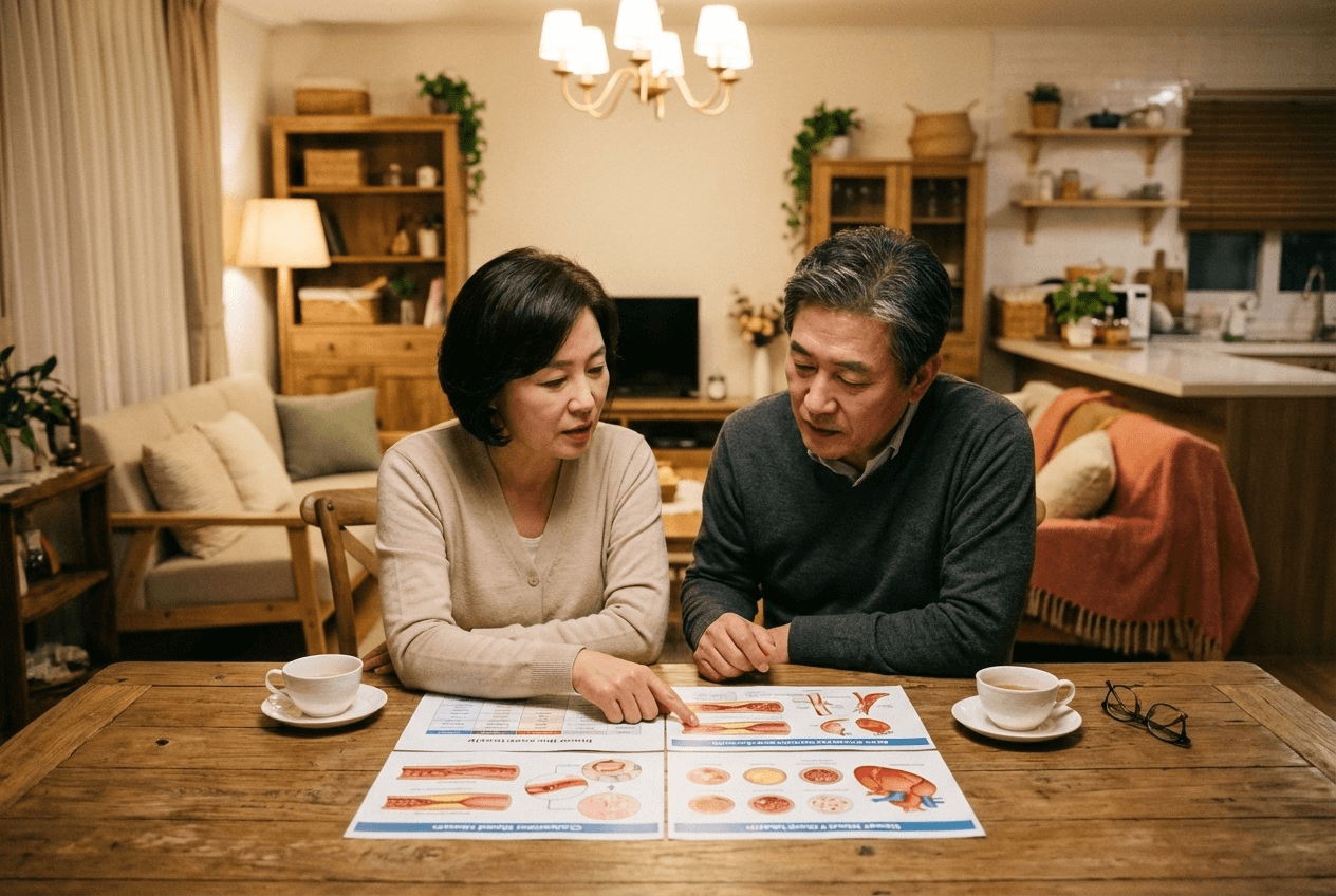 거실과 주방이 보이는 따뜻한 집 안에서 중년 한국인 부부가 식탁에 마주 앉아 혈관·콜레스테롤 모식도가 인쇄된 자료를 함께 보며 혈행 건강을 상의하는 모습의 이미지입니다. 테이블 위에는 커피 잔과 안경이 놓여 있어 중장년 부부의 일상적인 건강 관리 상담 분위기를 보여줍니다.