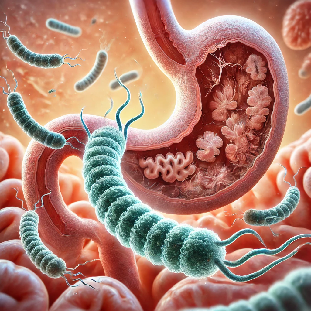 헬리코박터 파일로리(Helicobacter pylori) 균을 묘사한 의료 일러스트
