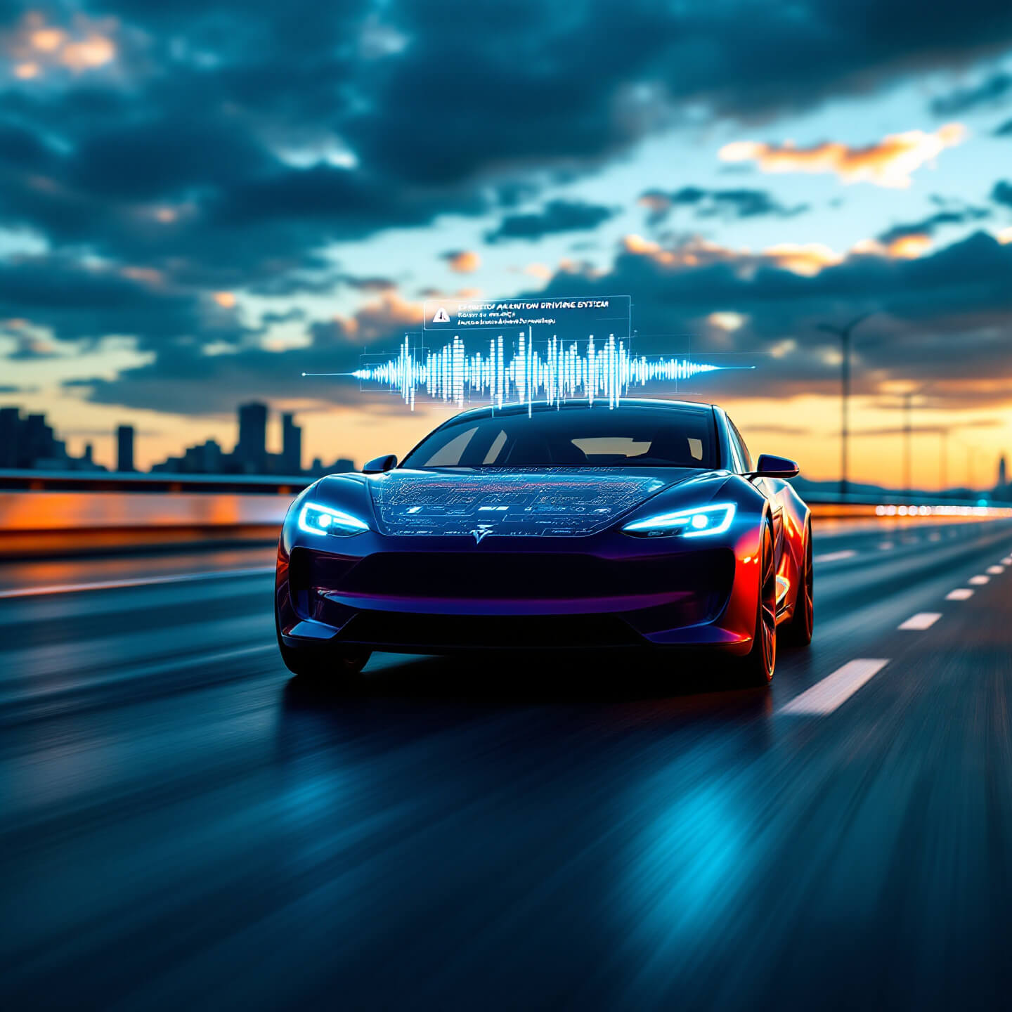 고속도로를 주행 중인 테슬라 전기차. 차량 위에 디지털 그래픽과 함께 자율주행 시스템의 활성화 상태를 나타내는 시각적 요소가 표시되어 있음. 배경은 저녁 노을과 고층 빌딩 실루엣이 강조되어 미래적 느낌을 줌.