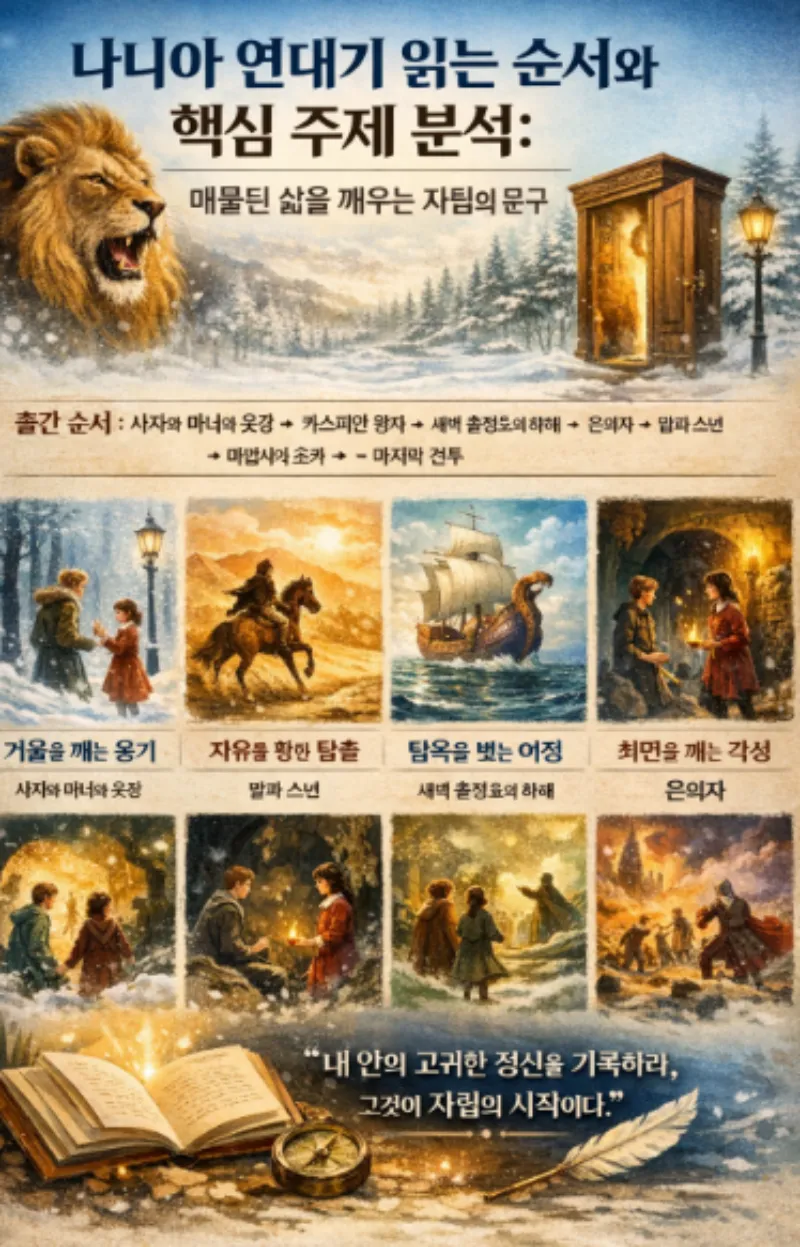 나니아로 통하는 고풍스러운 옷장 문 앞에 서서 광활한 설원과 사자 아슬란을 바라보는 아이들의 뒷모습. 나니아 연대기 읽는 순서와 7권 전체 줄거리를 통해 지적 자립의 메시지를 전달함. (Children standing before an open antique wardrobe, looking out at a snowy magical landscape with a lion, visualizing the start of a journey into self-reliance and truth through the Chronicles of Narnia reading guide.)