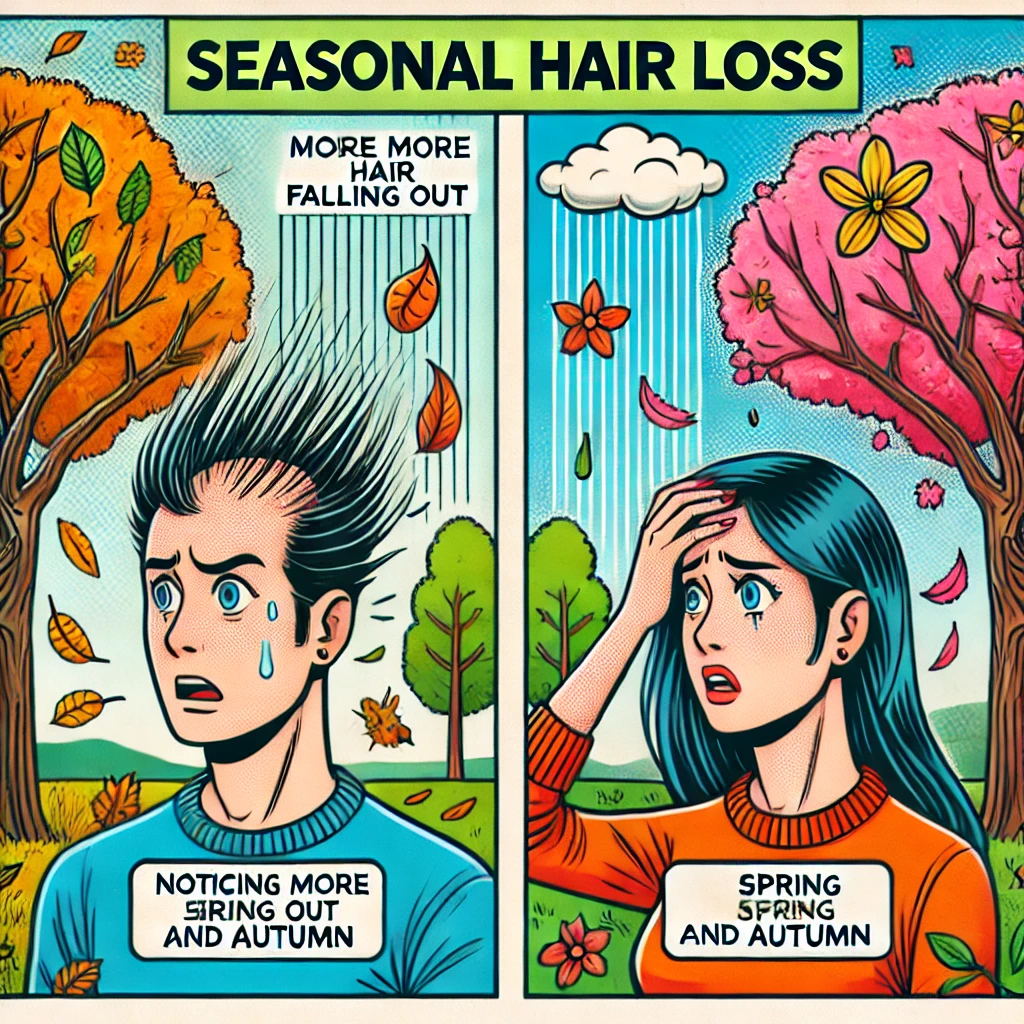 a worried man and woman noticing more hair falling out during spring