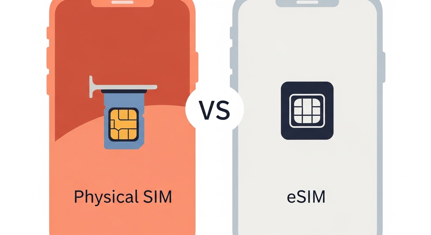 물리 유심과 eSIM을 시각적으로 비교하는 이미지. 물리 유심은 SIM 카드 삽입구를, eSIM은 깔끔한 디지털 아이콘으로 표현되어 있습니다.